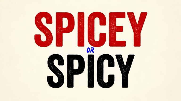 The words "spicey or spicy" displayed on a cream background, with "SPICEY" in red and "SPICY" in black, both in a distressed sans-serif font, illustrating the spelling comparison between spicey and spicy.