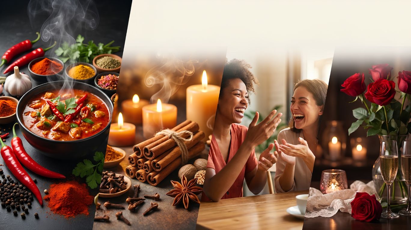 Spicy meaning illustrated through hot spicy food, aromatic spices, lively conversations, and romantic symbolism, showing the different definitions of spicy in food, scent, personality, and sensual context.