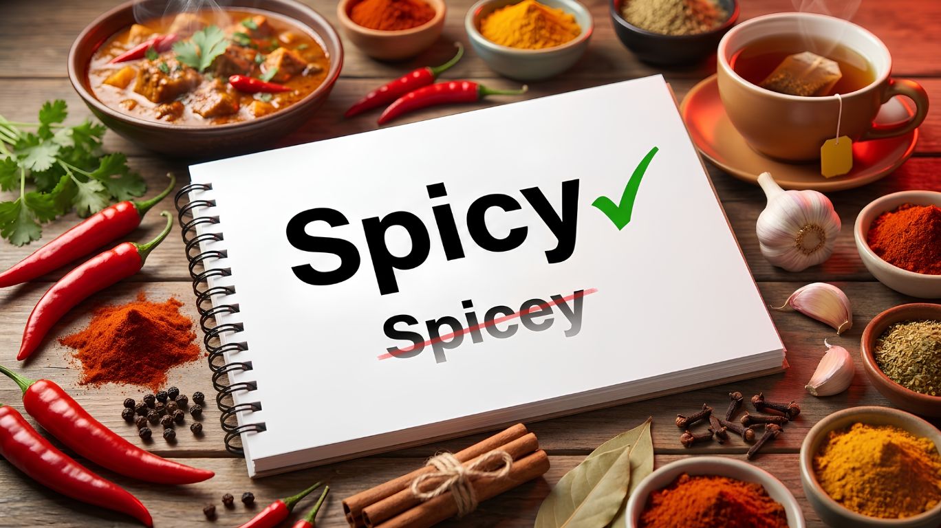 Spicy is the correct modern English spelling compared with spicey, illustrated with a dictionary page, colorful spices, chili peppers, and seasonings highlighting the proper spelling and meaning of spicy.