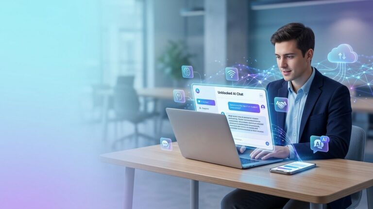 Unblocked AI chat interface displayed on laptop and smartphone showing accessible artificial intelligence conversations, highlighting how unblocked AI chat works, its uses, benefits, and limitations in educational and workplace environments.