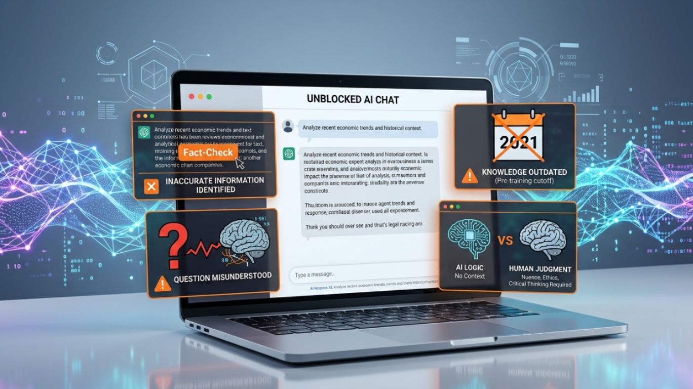 Unblocked AI chat interface displaying common AI limitations including incorrect information, outdated knowledge, misunderstood questions, and lack of human judgment in artificial intelligence conversations.