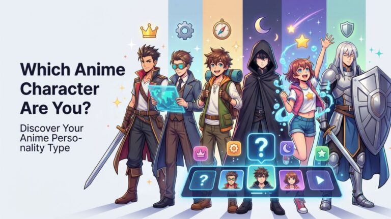 Which anime character are you personality quiz featuring multiple anime-inspired character archetypes including hero, strategist, adventurer, and protector with colorful anime-style artwork and personality assessment elements.