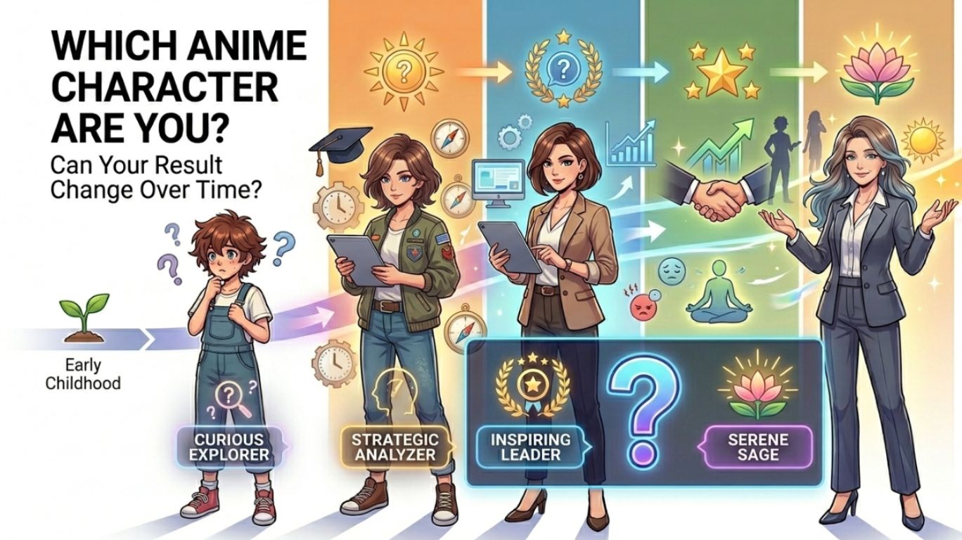 Which anime character are you illustration showing an anime-inspired character evolving through different life stages with personality growth, changing traits, transformation effects, and anime personality quiz elements.