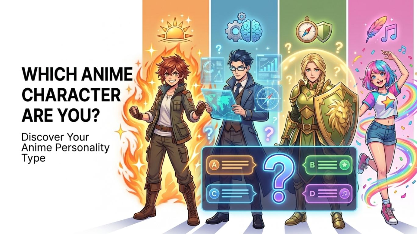 Which anime character are you field image showing anime-inspired hero, strategist, protector, and free spirit personality types with colorful digital artwork, personality quiz elements, and anime character archetypes