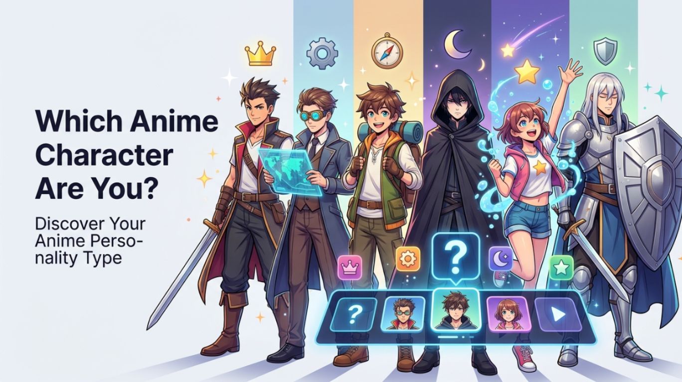 Which anime character are you personality quiz featuring multiple anime-inspired character archetypes including hero, strategist, adventurer, and protector with colorful anime-style artwork and personality assessment elements.