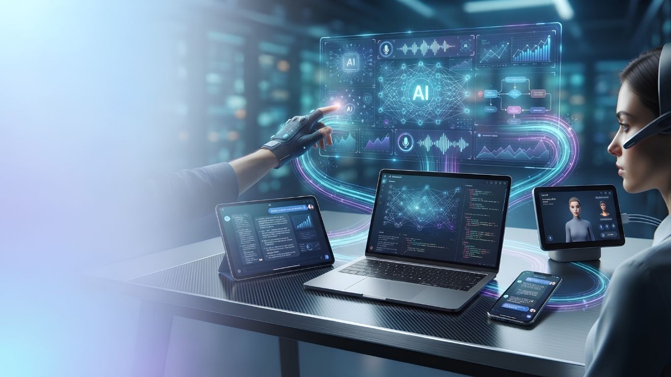 Futuristic AI bot chat technology providing advanced interactive conversations, intelligent automation, and seamless communication across multiple digital devices.