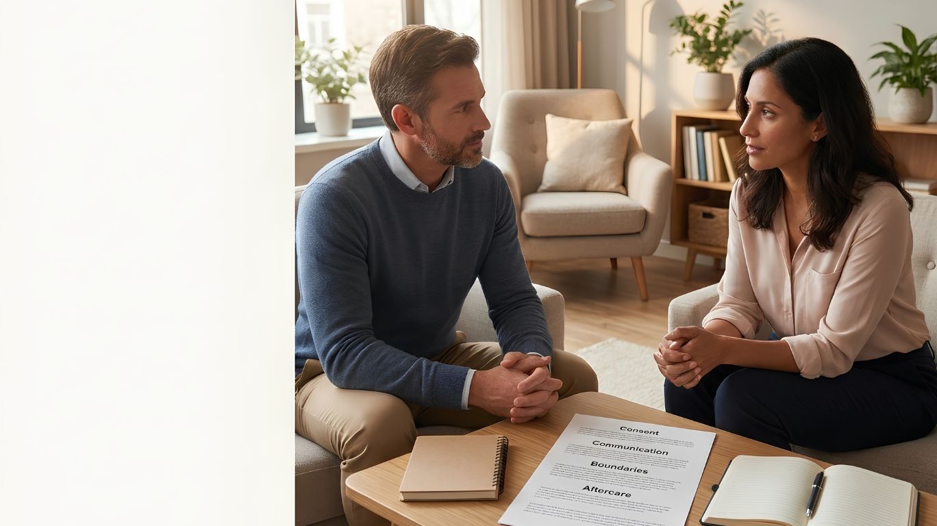 Two adults having a respectful conversation about consent, boundaries, and communication for an educational article discussing CNC fetish safety, emphasizing planning, mutual agreement, and informed consent without explicit content.