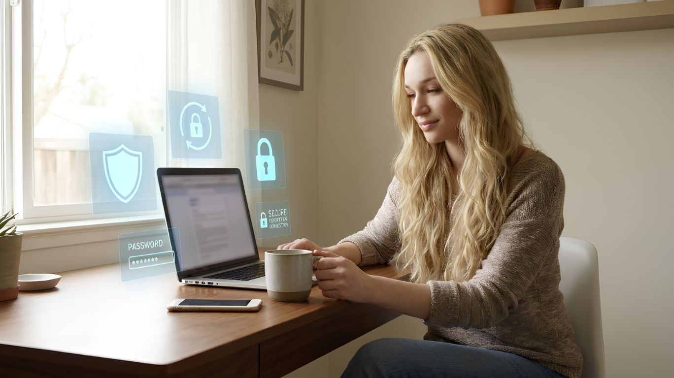 Person using a laptop with privacy and security icons while safely accessing free adult sex chat platforms in a realistic home office setting.