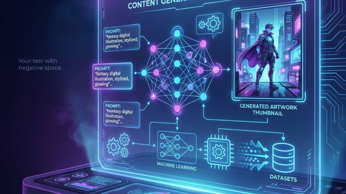 AI rule 34 illustration showing how artificial intelligence transforms text prompts into AI-generated digital artwork using machine learning and image generation technology.