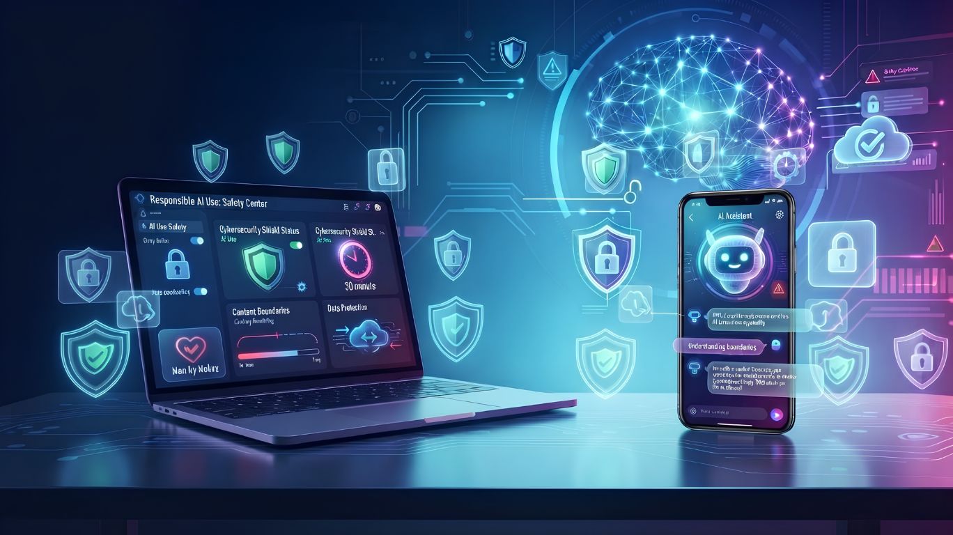 AI sex chat boti interface with privacy, cybersecurity, and responsible AI usage icons illustrating safe digital interactions, healthy boundaries, data protection, and time management.