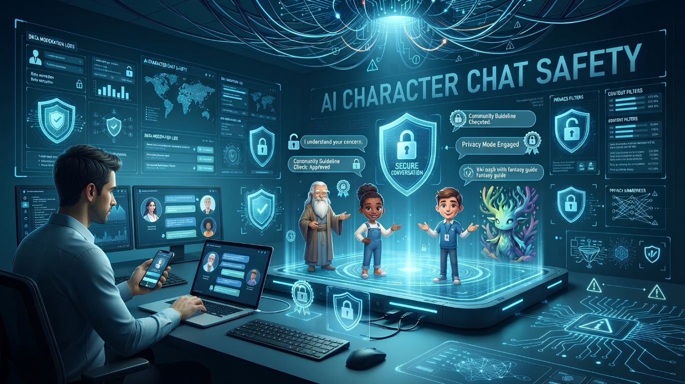 Character chat ai safety illustration featuring a user chatting with AI virtual characters protected by cybersecurity, privacy, and secure communication elements.