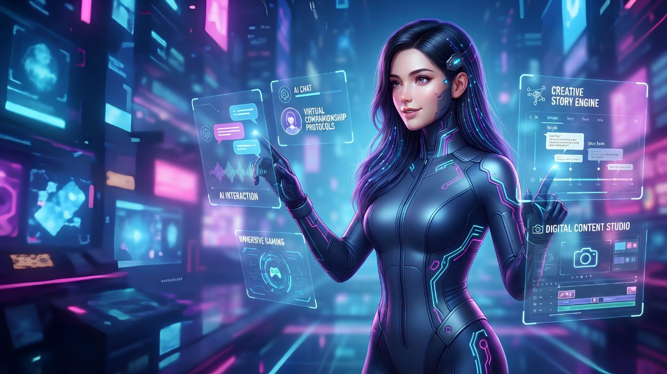 Sexy AI girl interacting with holographic AI interfaces in a futuristic virtual environment, illustrating the creative uses of AI-generated digital companions for chat, storytelling, gaming, and entertainment.