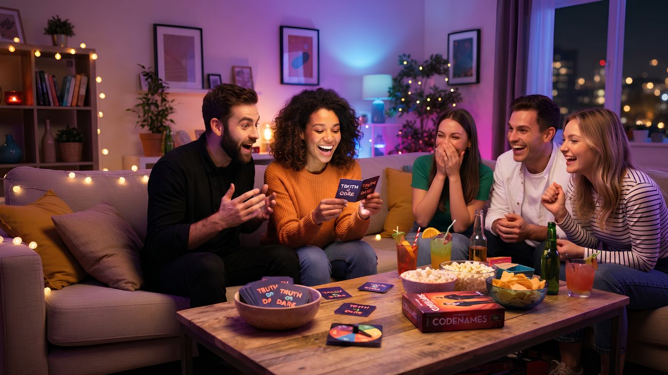 Group of adult friends playing freaky truth or dare during a fun game night while reading creative truth questions and enjoying a lively party atmosphere.