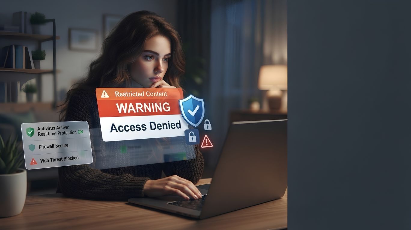 Educational illustration of a computer displaying a restricted content warning, representing the legal, psychological, and cybersecurity risks associated with viewing prohibited explicit material, including discussions about incest GIFs, online.