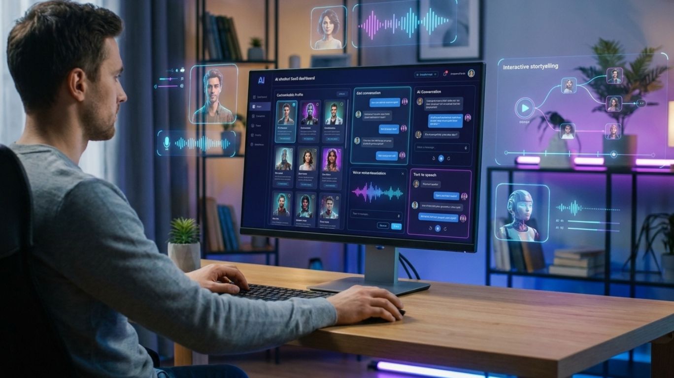 Realistic illustration of an NSFW AI chatbots platform interface showing AI-generated character images, voice conversations, text-to-speech features, multiple character interactions, and long-form storytelling tools on a modern desktop workspace.