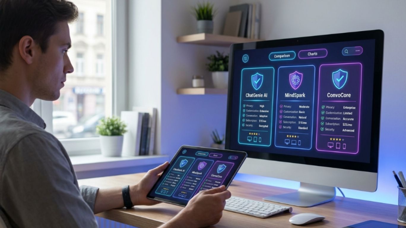 Realistic comparison of nsfw ai chatbotss platforms showing privacy features, AI customization options, security settings, subscription plans, and chatbot dashboards to help users choose the right AI platform.