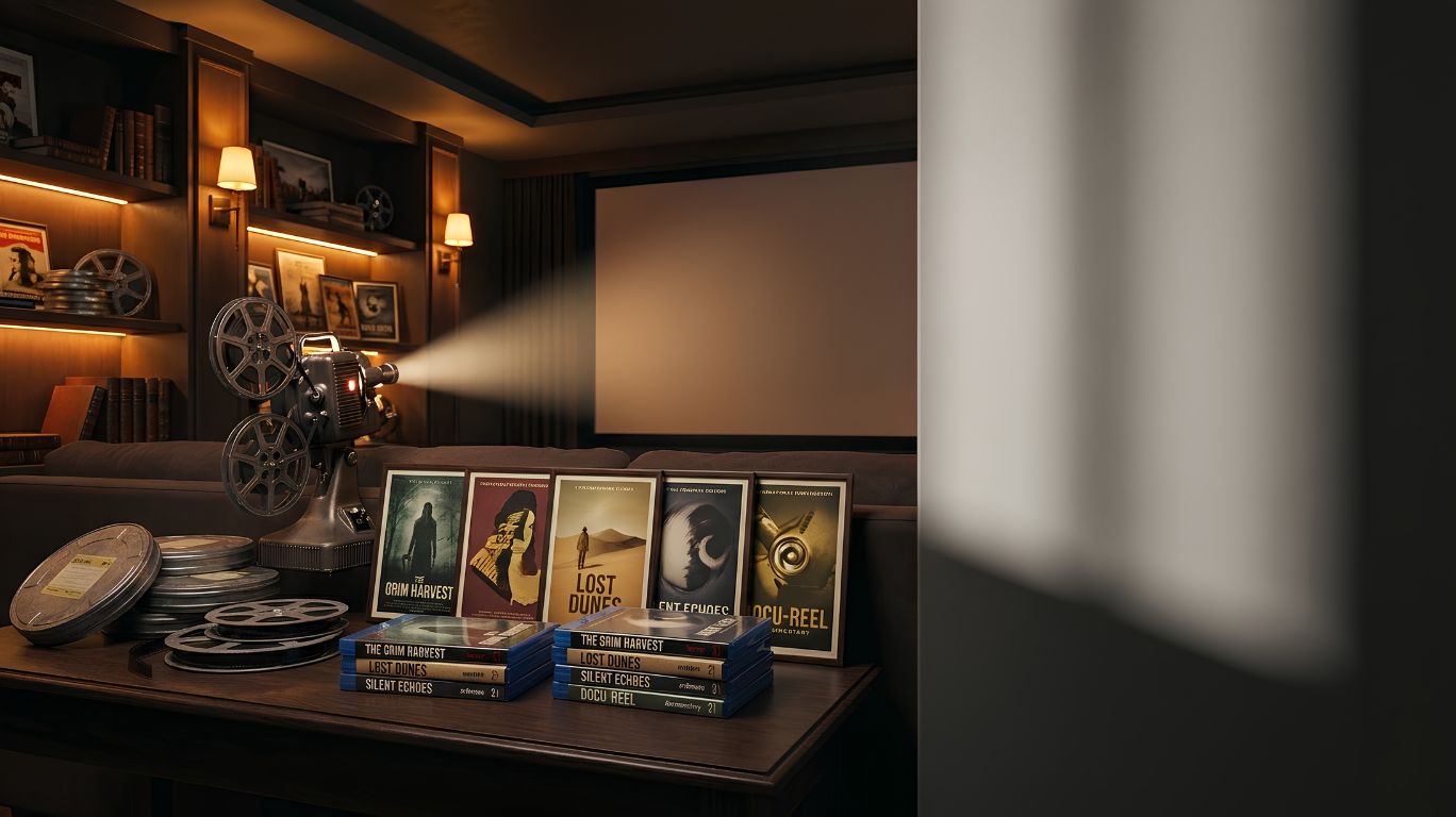 Severin Films collection featuring restored cult classics, international cinema, vintage film reels, and classic movie memorabilia representing the diverse types of films Severin releases.