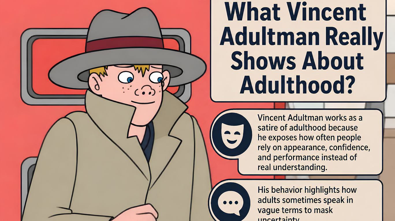 A cartoon of Vincent Adultman in a trench coat and fedora, with text boxes discussing how he satirizes adulthood by exposing reliance on appearance and vague speech.