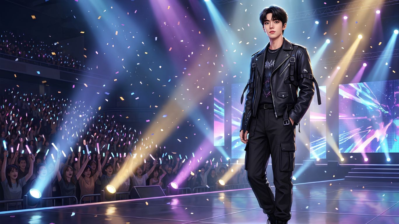 Bangchan age and early debut era illustration showing a young K-pop idol performing on stage during the beginning of Stray Kids' career.