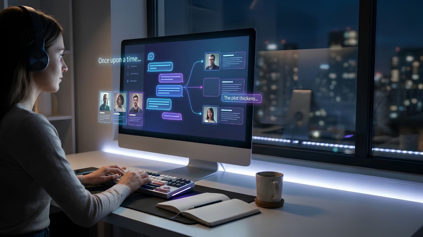 NSFW story generator concept showing an AI-powered creative writing workspace with digital storytelling tools, fictional narrative elements, and a modern computer setup for AI-assisted story creation.
