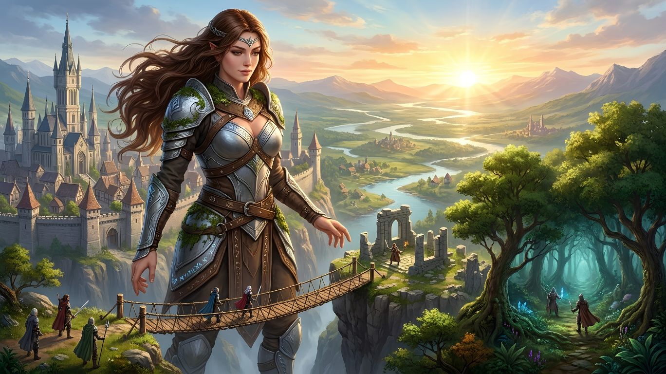 Fantasy giantess overlooking a medieval world while tiny adventurers explore the environment, representing storytelling and exploration in giantess game experiences.