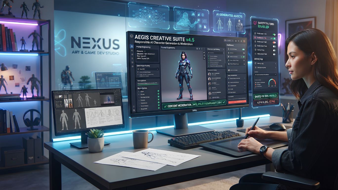 AI generated NSFW illustration showing an AI-powered content creation interface with censored character previews, digital art tools, and creative workflow elements representing the common uses of AI-generated NSFW technology in design, storytelling, and game development.