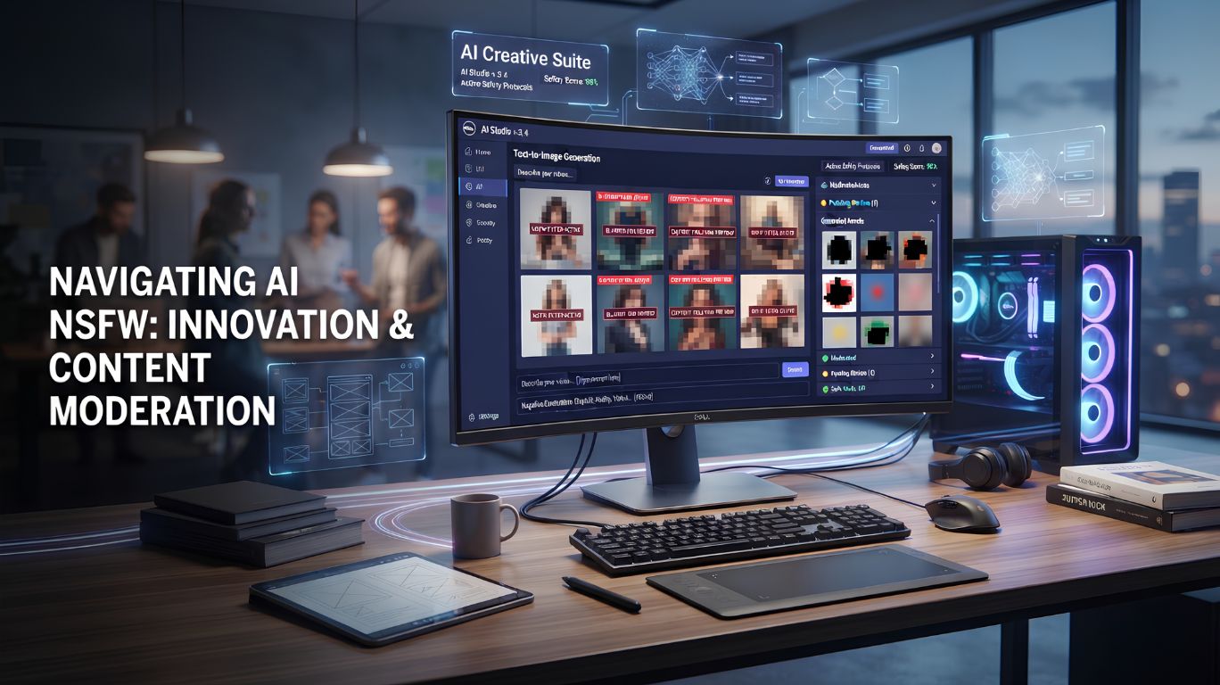 AI generated NSFW featured illustration showing a modern AI image generation interface with censored artwork previews, creative design tools, and futuristic technology elements representing AI-powered digital artwork creation and responsible content generation.