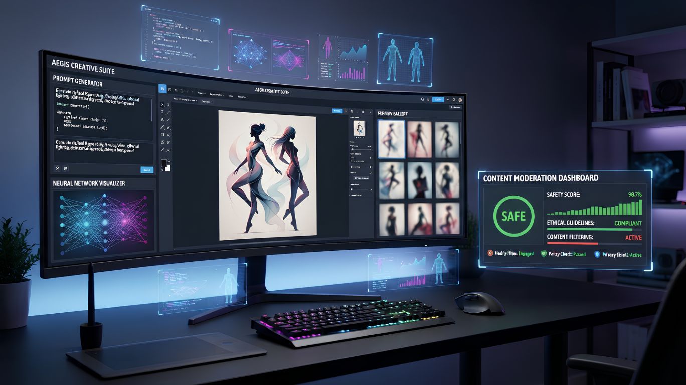 AI generated NSFW concept illustration showing an artificial intelligence image generation interface with content moderation tools, neural network visualization, and futuristic digital artwork for a guide about AI-generated NSFW features and uses.