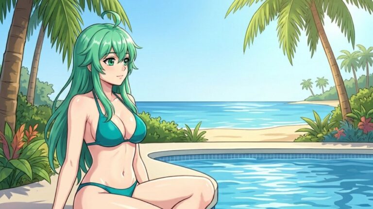 AI rule 34 illustration featuring an anime-style female character in a teal bikini standing beside a tropical beach pool, representing AI-generated anime artwork in a colorful digital art style.