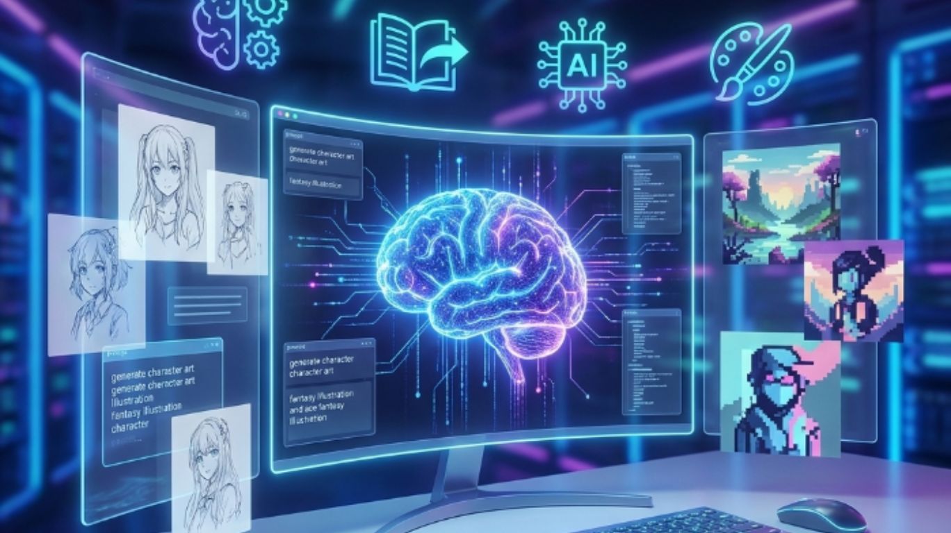 AI Rule 34 concept illustration featuring generative AI creating digital art, character designs, and storytelling content through advanced machine learning technology in a futuristic workspace.