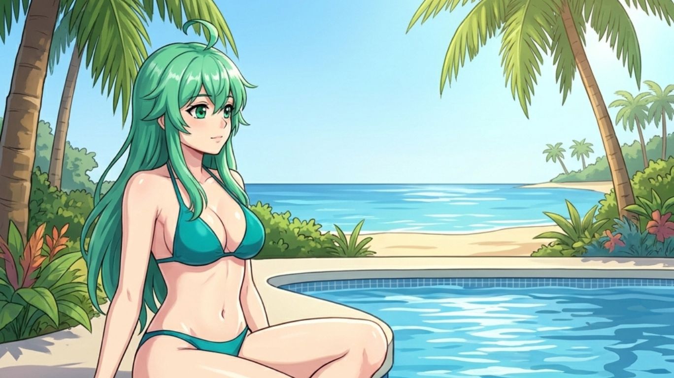 AI rule 34 illustration featuring an anime-style female character in a teal bikini standing beside a tropical beach pool, representing AI-generated anime artwork in a colorful digital art style.
