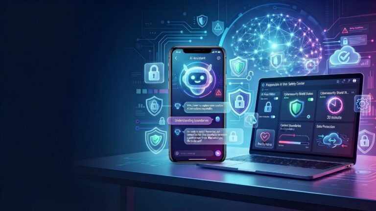 An AI sex chat bot interface on a laptop and smartphone with cybersecurity dashboards, glowing digital shields, and an AI brain graphic illustrating secure conversations, privacy protection, and responsible AI interaction.