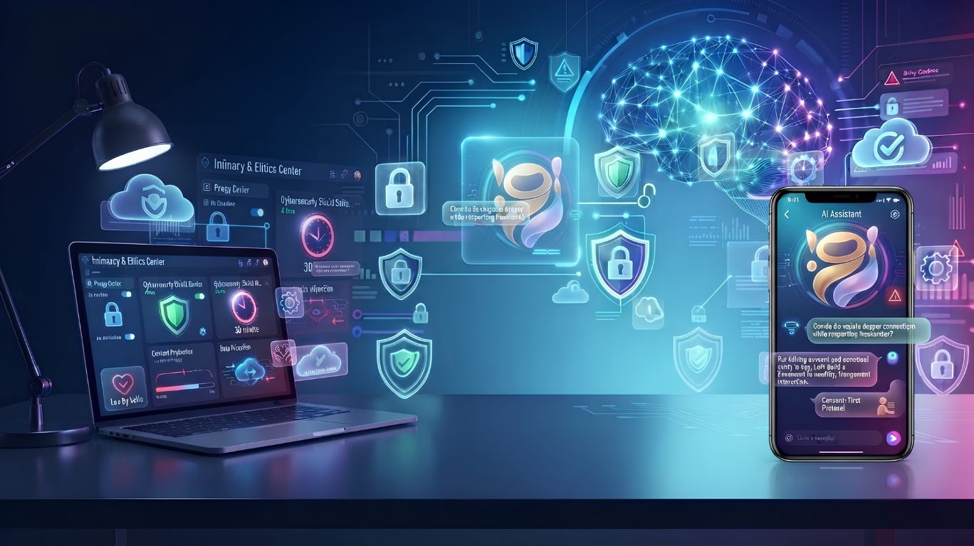 Editorial illustration of an AI sex chat boti with futuristic chatbot technology, privacy protection, and cybersecurity elements representing the benefits, risks, and responsible use of AI-powered digital conversations.