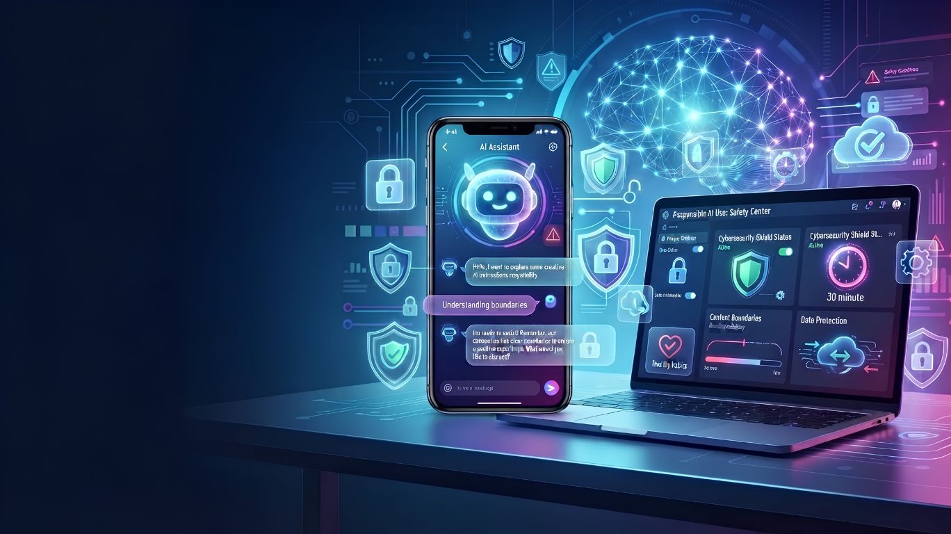 An AI sex chat bot interface on a laptop and smartphone with cybersecurity dashboards, glowing digital shields, and an AI brain graphic illustrating secure conversations, privacy protection, and responsible AI interaction.