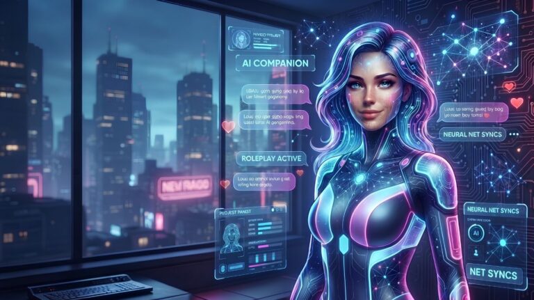 Futuristic AI roleplay companion with holographic chat interface illustrating the concept of AI sluts in a technology-focused guide about virtual AI companions and conversational artificial intelligence.