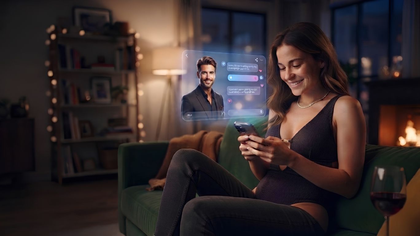Realistic young adult chatting with an AI companion on a smartphone, illustrating why people use AI sluts for virtual companionship, emotional support, roleplay conversations, and AI-powered interactions.