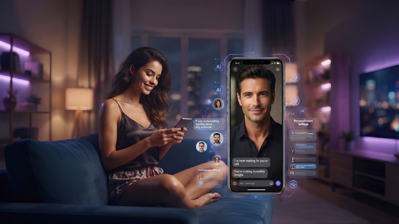 Photorealistic person using a smartphone to chat with a realistic AI companion, illustrating how AI sluts provide AI-powered virtual companionship, personalized conversations, interactive storytelling, roleplay experiences, and customizable digital characters.