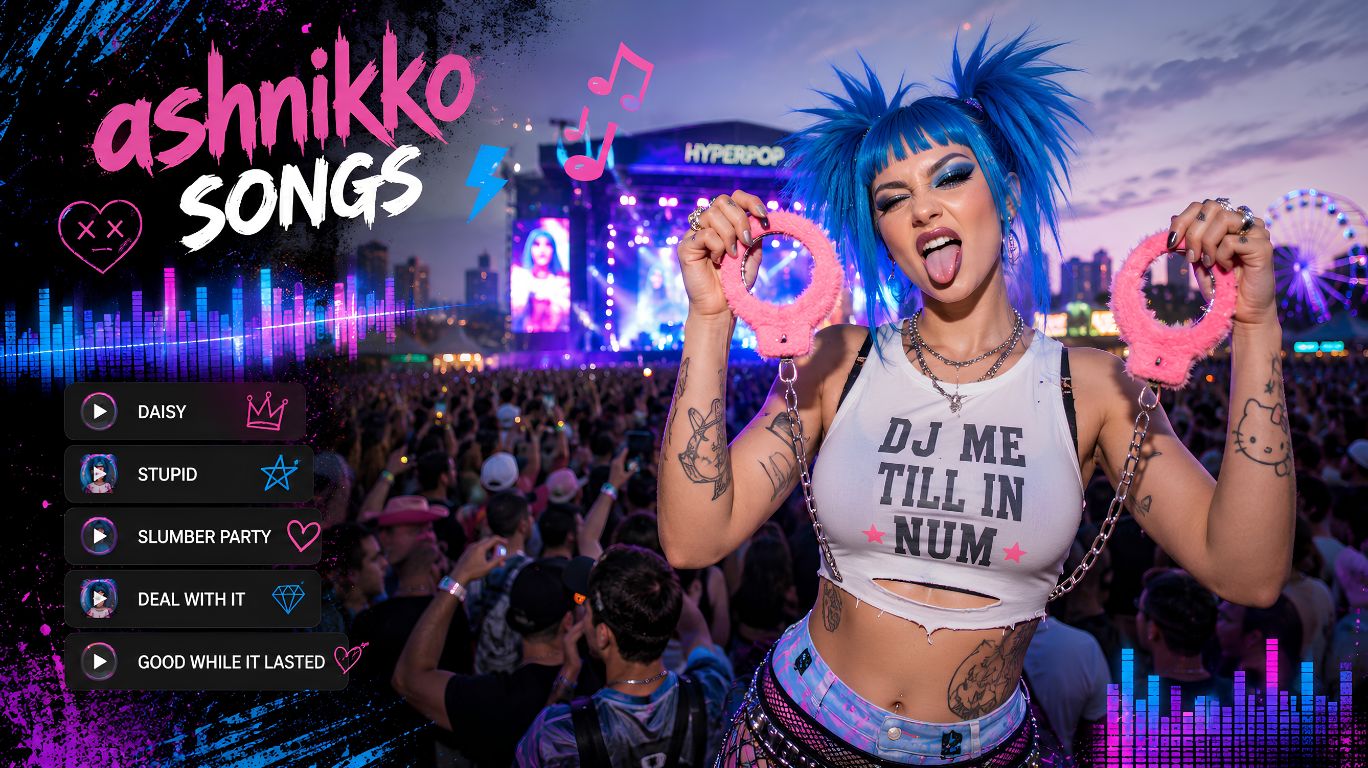 A person with bold blue spiky hair wearing a white crop top with the text "DJ ME TILL IN NUM" holds a pair of pink fuzzy handcuffs while standing in front of a massive crowd at an outdoor music festival. A brightly lit stage with colorful lasers, LED screens, and energetic lighting fills the background, creating a vibrant hyperpop-inspired atmosphere reminiscent of the rebellious, playful aesthetic often associated with ashnikko songs. The scene captures the excitement of a live music performance with festivalgoers cheering, confetti in the air, and an electrifying concert vibe.