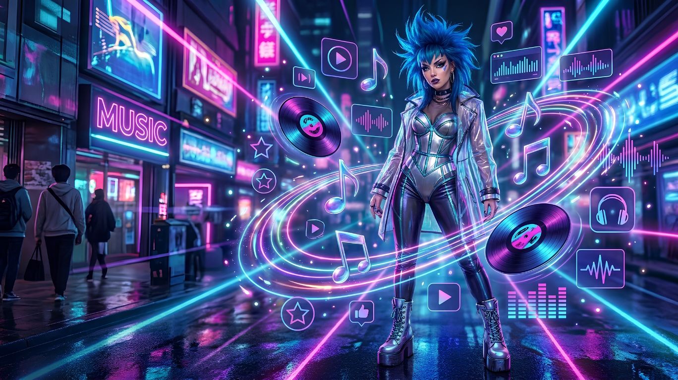 Editorial illustration comparing ashnikko songs with a colorful hyperpop-inspired female performer, music notes, sound waves, and vibrant neon graphics representing Ashnikko's most popular tracks.