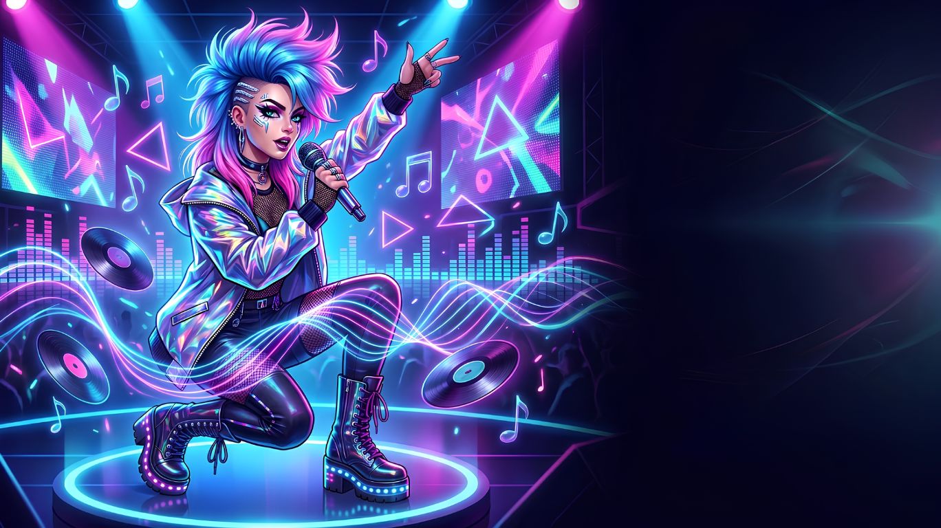 Creative editorial illustration representing ashnikko songs with a futuristic female pop performer, colorful sound waves, neon lighting, and music-inspired visuals symbolizing her signature blend of pop, rap, punk, and hyperpop.