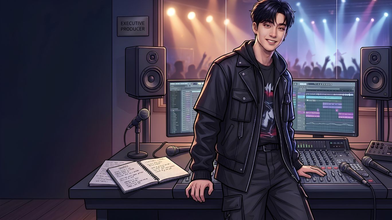 Bangchan age conclusion image featuring a young K-pop leader in a professional music studio representing leadership, music production, creativity, and lasting influence in modern K-pop.