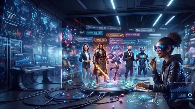 Character chat ai illustration showing a user interacting with multiple AI virtual characters through a futuristic conversational chat interface powered by artificial intelligence.