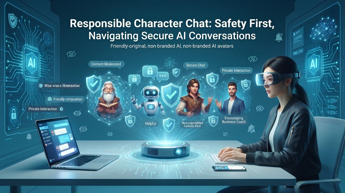 Character chat ai illustration showing a user interacting with multiple AI virtual characters, highlighting personalized conversations, interactive storytelling, and advanced artificial intelligence technology.