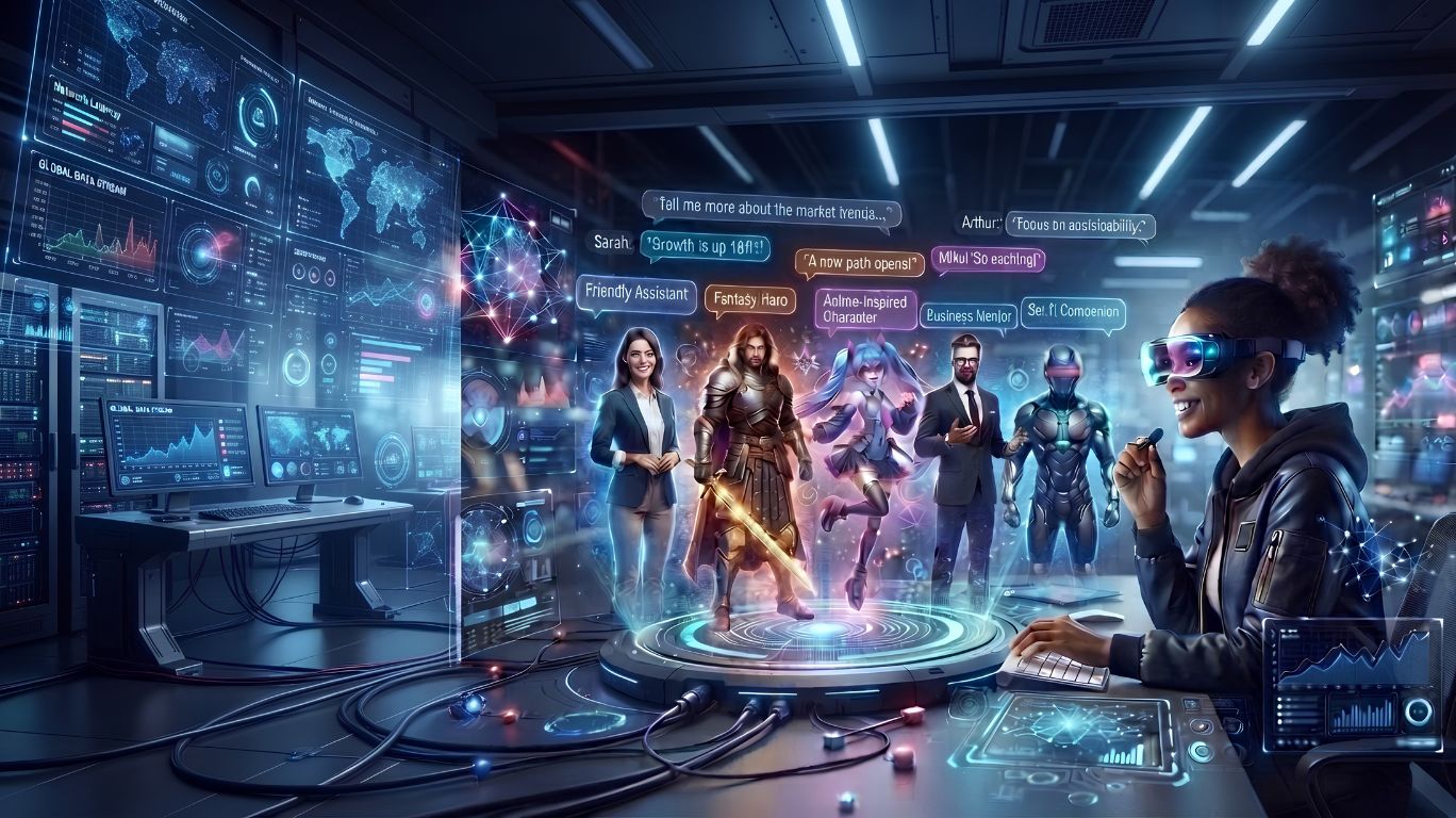 Character chat ai illustration showing a user interacting with multiple AI virtual characters through a futuristic conversational chat interface powered by artificial intelligence.