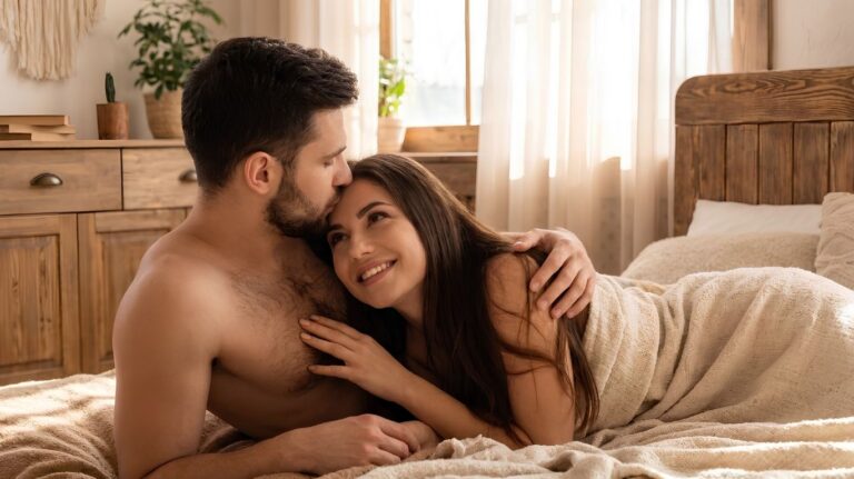 A couple is lying in bed, with the man gently kissing the woman on the forehead while they rest under a cozy blanket. Soft natural light streams through a nearby window, creating a warm and peaceful atmosphere. The image is intended for an educational article about CNC fetish, emphasizing trust, communication, consent, and emotional connection rather than depicting any sexual or explicit activity.