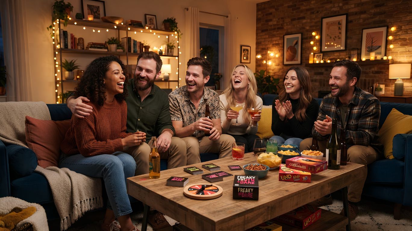Adult friends enjoying a fun freaky truth or dare game night with laughter, conversation, and creative challenges in a cozy party setting.