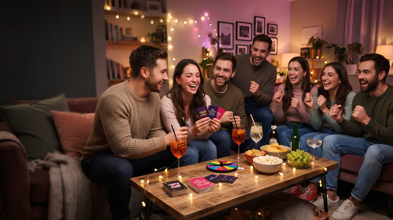 A group of friends laughing and playing Freaky Truth or Dare around a coffee table filled with Truth or Dare cards, drinks, and snacks, with warm string lights glowing in the background. The friends are reacting with playful surprise and laughter as someone draws a daring card, creating a fun, flirty, and energetic game night atmosphere in a cozy modern living room.
