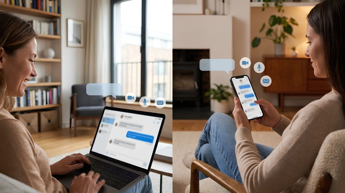 Two adults using secure online messaging on separate devices, representing free adult sex chat platforms with anonymous real-time communication in a realistic home setting.