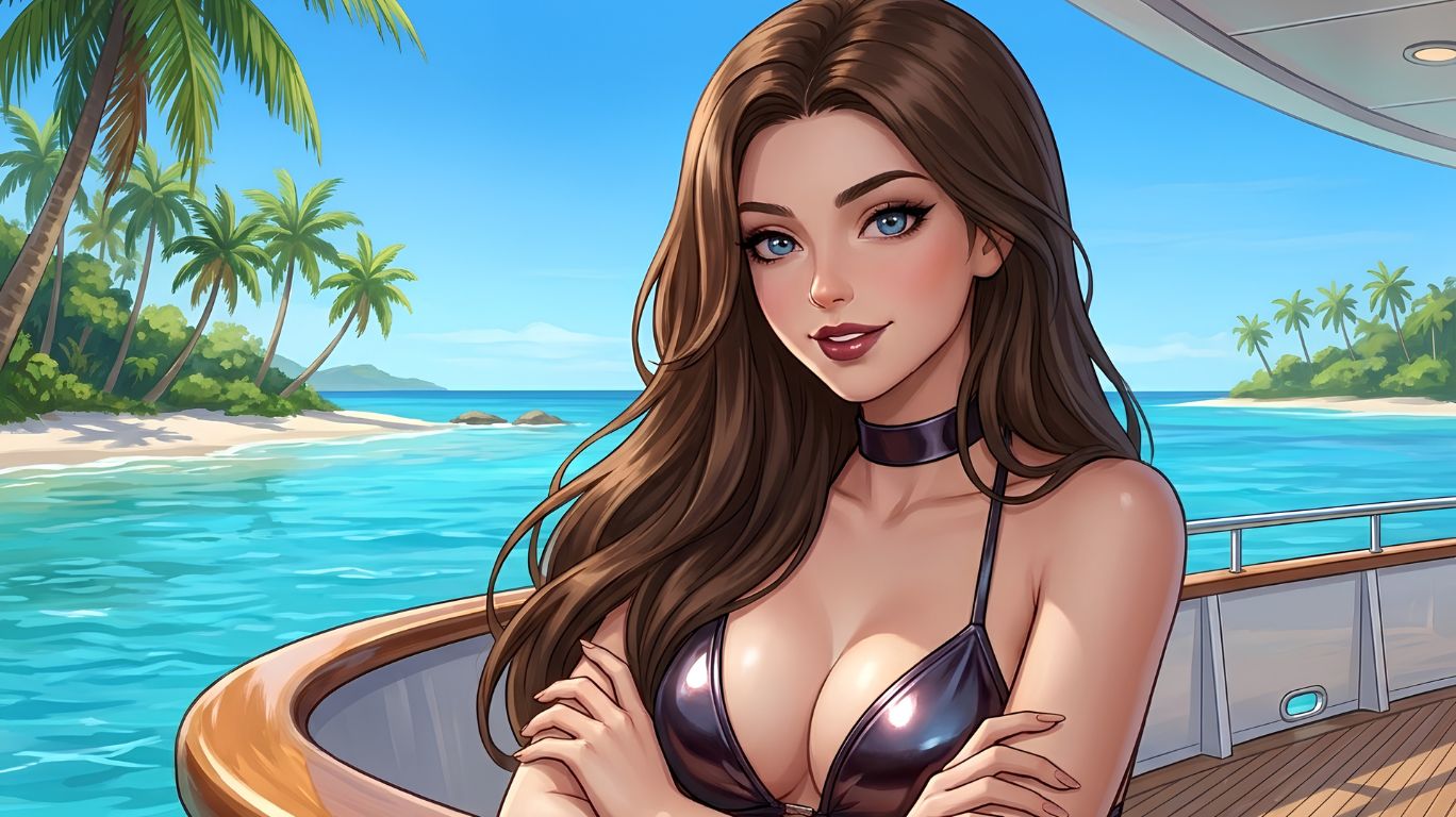 "Futa AI porn anime girl on a yacht with tropical beach and ocean background