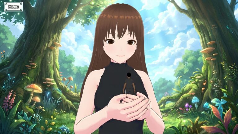 A giant woman holds a tiny person in her hands in a vibrant, magical forest setting with large trees and glowing mushrooms representing giantess game